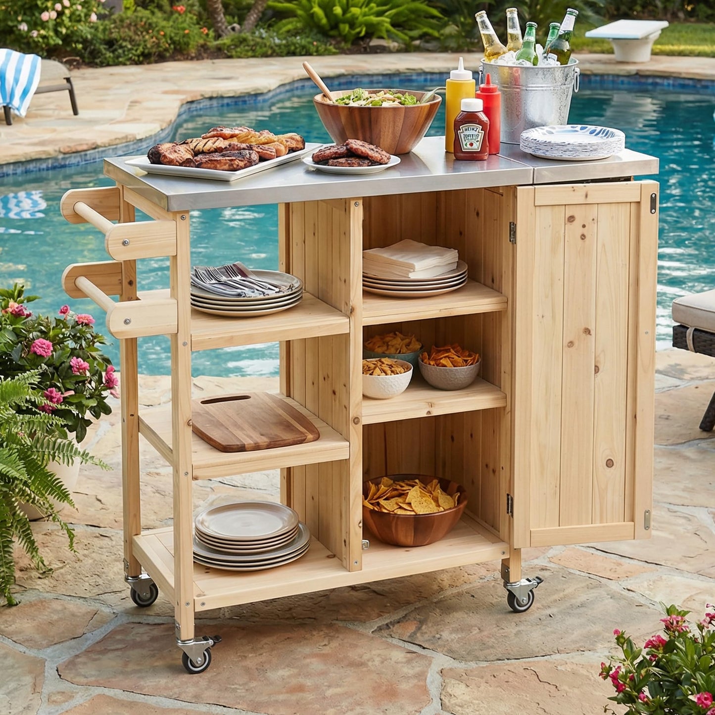 Foldable Outdoor Kitchen Island Cart with Stainless Steel Top, Rolling Grill Table with Storage Cabinet Shelves and Double Towel Rack, Wooden BBQ Prep Station with Lockable Wheels for Patio, Natural