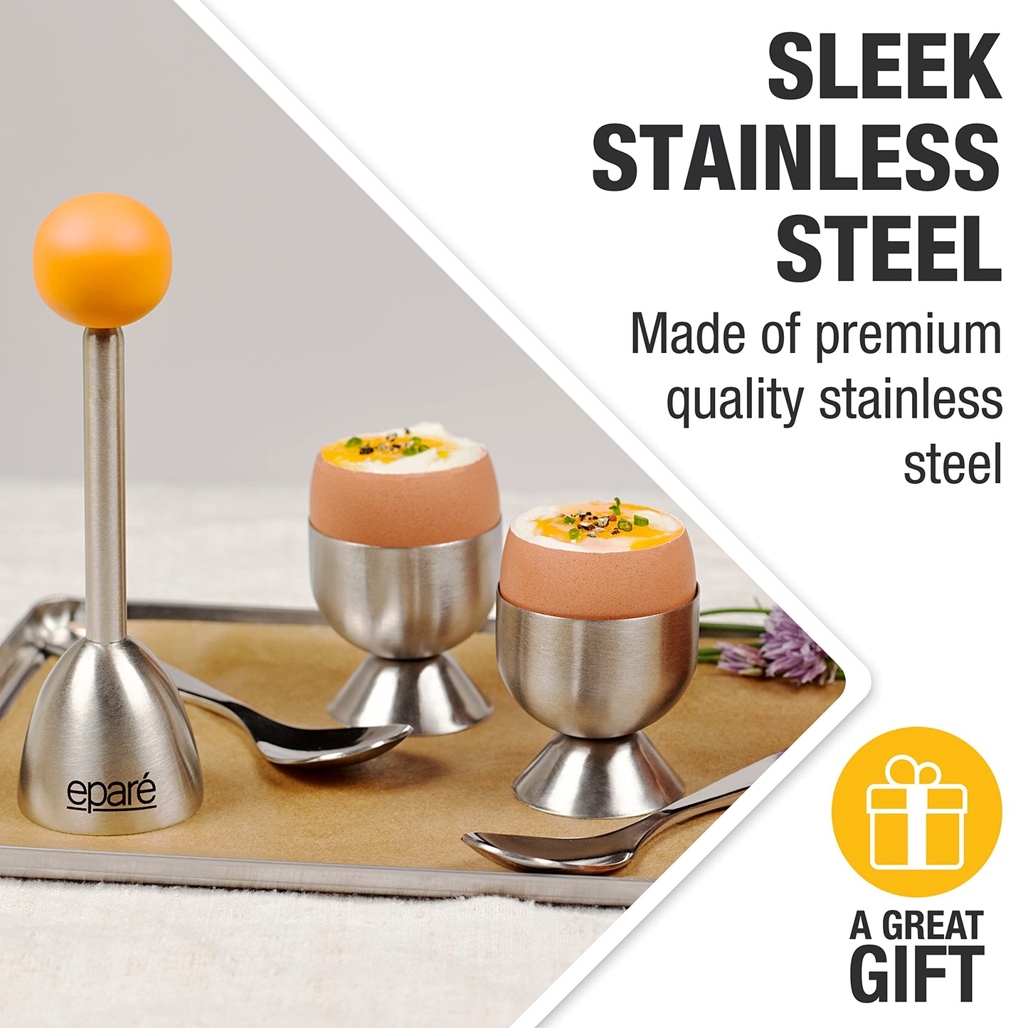 Eparé Bundle: Egg Cracker Topper Set & Salt or Pepper Grinder - Complete Soft Boiled Egg Tool Set & Battery Operated Ceramic Burr Stainless Steel Peppermill