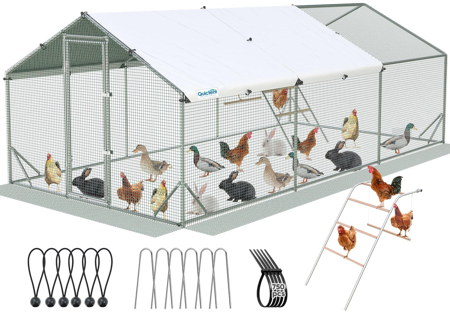 Quictent Large Metal Chicken Coop Run for 30+ Poultry with Metallic Perch, Side Hardware Cloth & Cover, Advanced Series Outdoor Walk-in Cage Hen Duck Rabbit Dog Pen Yard Farm House, 18x9x6.6FT