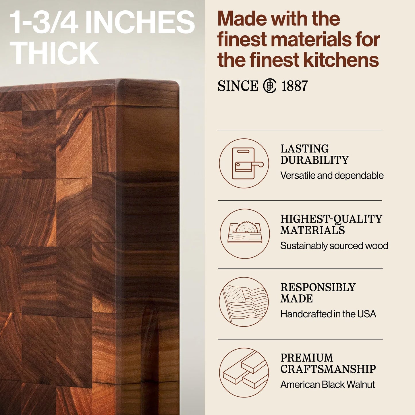 John Boos CCB Series Rectangular Wooden Walnut Cutting Board 18”x12” – 1.75” Thick, 12-lb Reversible Butcher Block with End-Grain & Finger Grips – Made in the USA