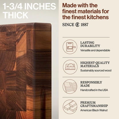 John Boos CCB Series Rectangular Wooden Walnut Cutting Board 18”x12” – 1.75” Thick, 12-lb Reversible Butcher Block with End-Grain & Finger Grips – Made in the USA