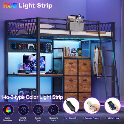 Decofy Twin Metal Loft Bed with Desk, 6 Storage Cabinet, LED Light Bunk Bed Frame Twin Size with Charging Station, No Box Spring Needed, Extra Wide Stair Treads&Safety Ladder, Hanging Rod&Guardrail