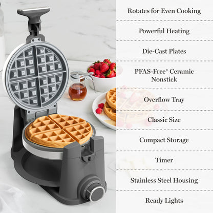 Martha Stewart Rotating Waffle Maker, 180° Flip Iron with PFAS-Free Nonstick Plates, Adjustable Timer, Ready Light, Drip Tray, Space Saving, Classic Round 7”, Easy to Clean, Stainless Steel, Caviar