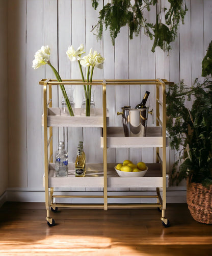 GOLGAILY 34" W x 17" D x 38" H Gold & White Washed Finish Serving Cart with 3 Open Compartments and Adjustable Trays