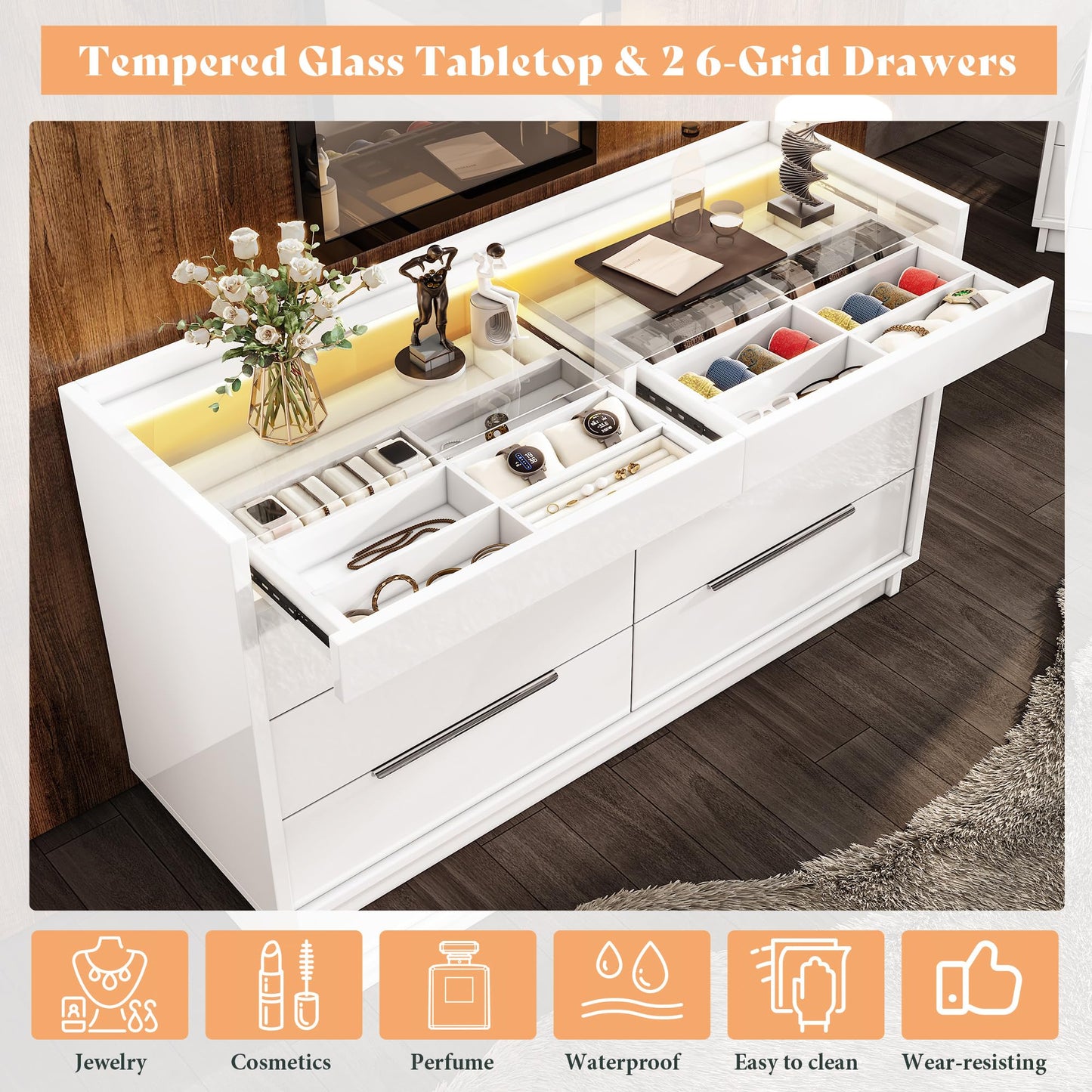 AMERLIFE 47.2" W 8 Drawer Dresser with LED Light & Glass Top, Modern High Gloss Storage Chest with 2 Jewelry Drawers, Storage Organizer for Bedroom, White