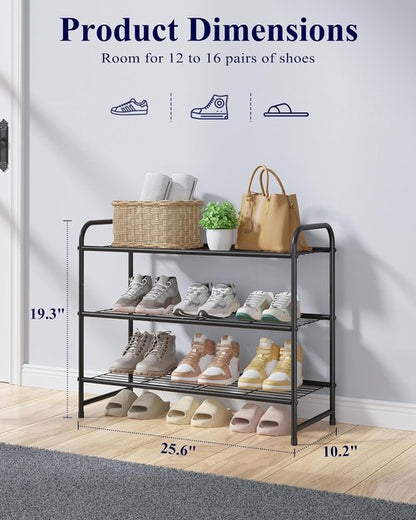 Kitsure Shoe Rack - Sturdy Stainless Steel Organizer for Closet & Entryway | 3-Tier, 25.6" Wide, Black