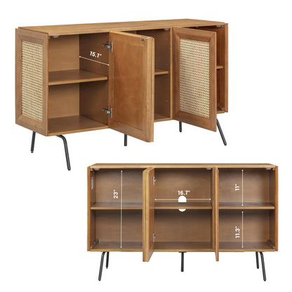 NTC MOSSIC Modern Sideboard with 3 Doors, Natural Rattan Storage Cabinet, Buffet with Metal Legs, Boho Accent Cabinet for Living Room, and Entryway, Effortless Assembly, Teak Look