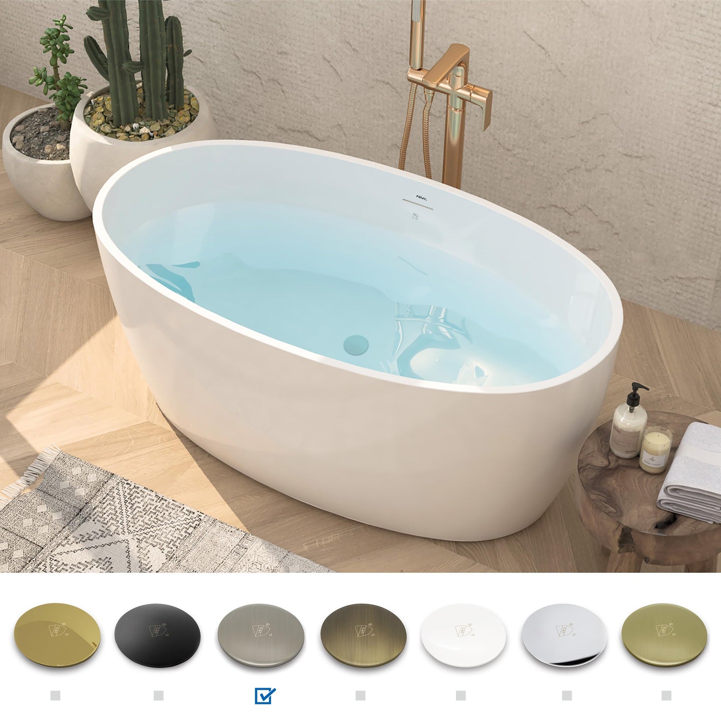 FerdY Tahiti 55" Acrylic Freestanding Bathtub, Elegant Oval Shape Soaking Bathtub, Glossy White, Brushed Nickel Drain & Integrated Slotted Overflow Assembly Included cUPC Certified