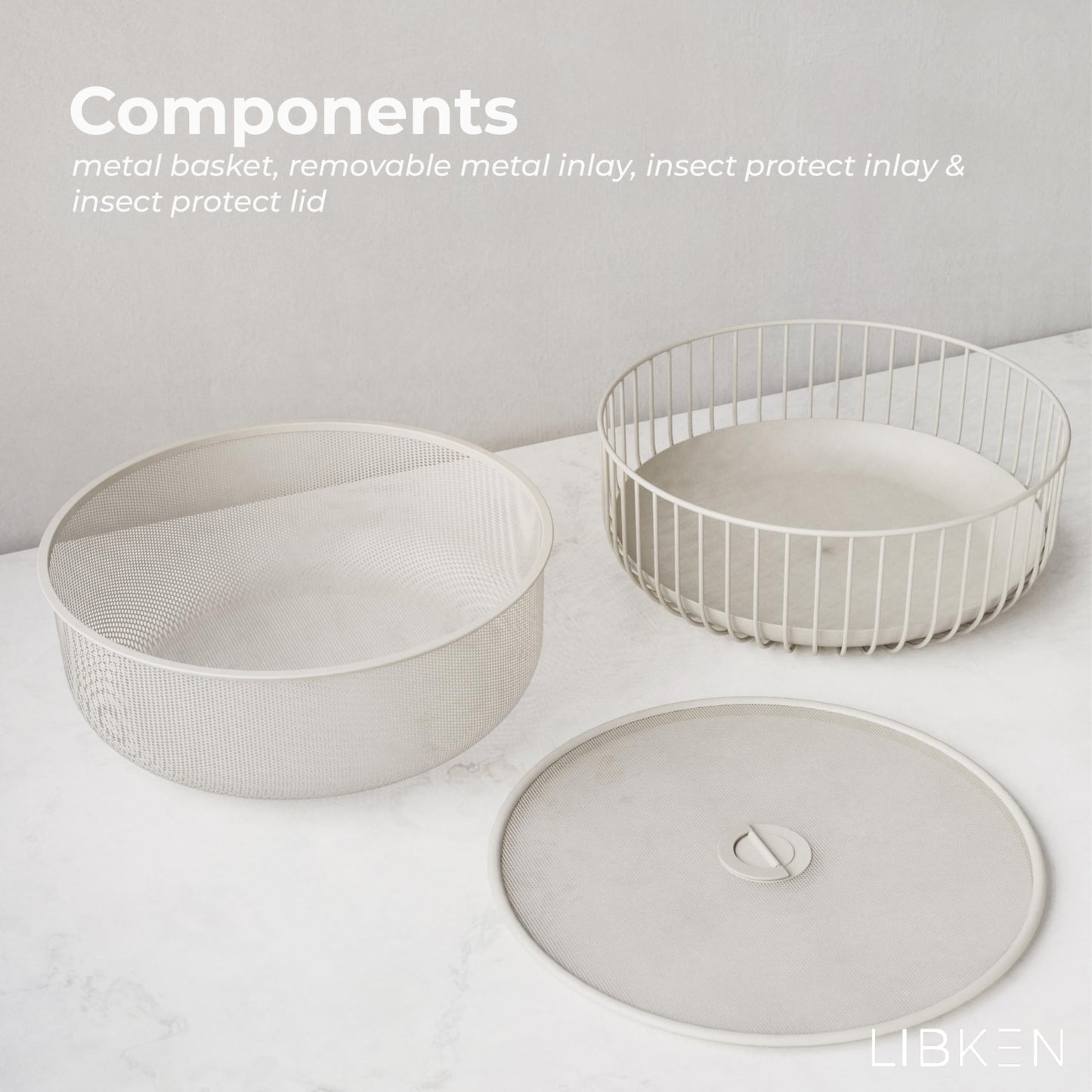 LIBKEN Metal Fruit Bowl with Mesh Lid and Basket - Fruit and Vegetable Holder for Kitchen Counter - Versatile and Durable Storage Basket Organizer for Fruit, Veggie, Snacks - 11x11x4-Inch (Warm Gray)