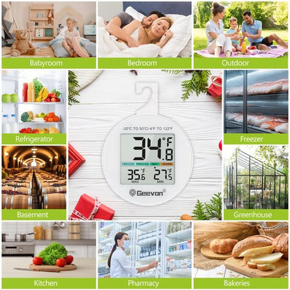 Geevon Small Digital Refrigerator Thermometer 2 Pack, IP65 Waterproof Commercial and Home Use, Max/Min Record Function with LCD Screen, Stand and Magnetic Back, for Fridge, Freezer Scenarios