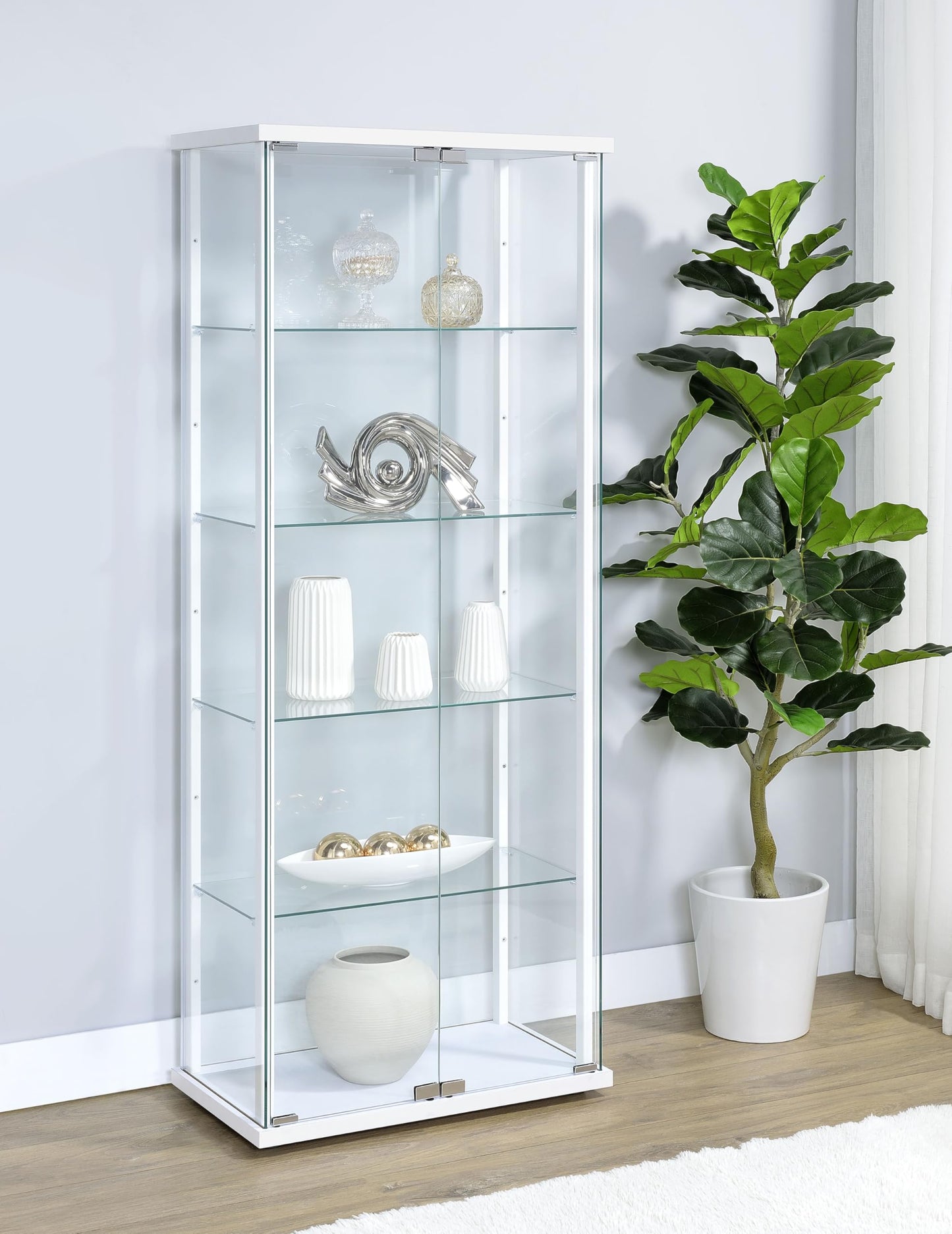Coaster Home Furnishings - Delphinium - Glass - 4-Shelf Curio Cabinet with Wood Top and Base, Two Doors, and Chrome Hardware - Living Room - 64-Inch - White - 950170WHT