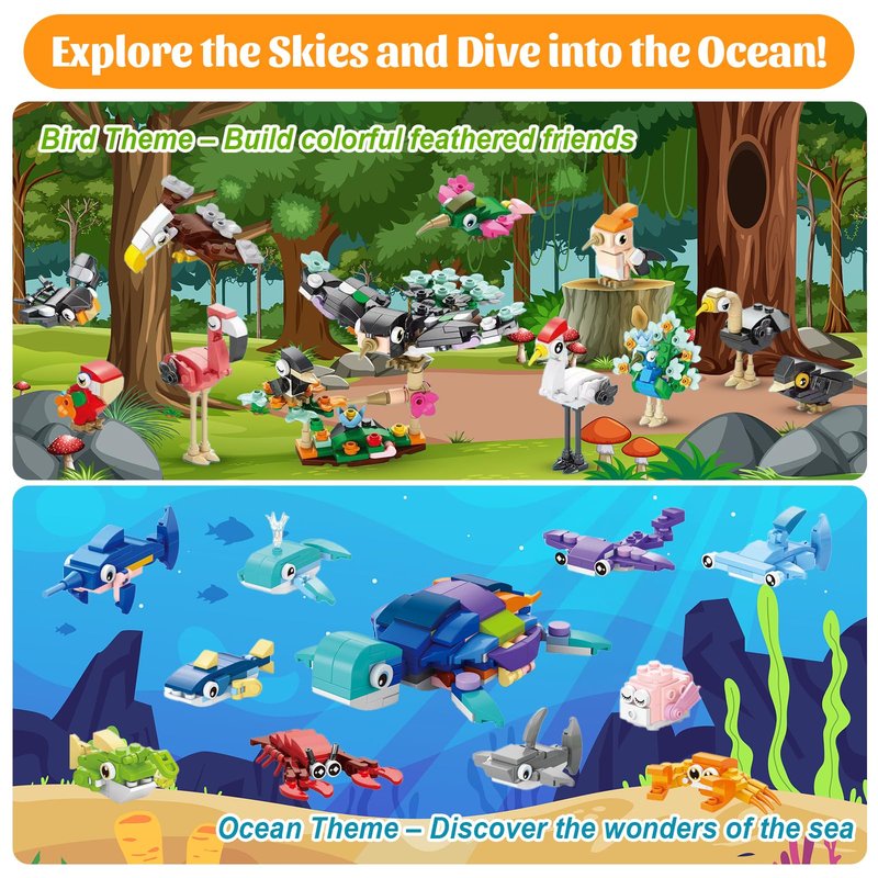 40 Packs Party Favors for Kids – 999+ PCS Animal Building Blocks, 4 Themes: Ocean Birds Insects Farm – DIY Toys for Boys Girls Ages 6-12, Goodie Bag Stuffers, Classroom Prizes, Easter Basket Stuffers