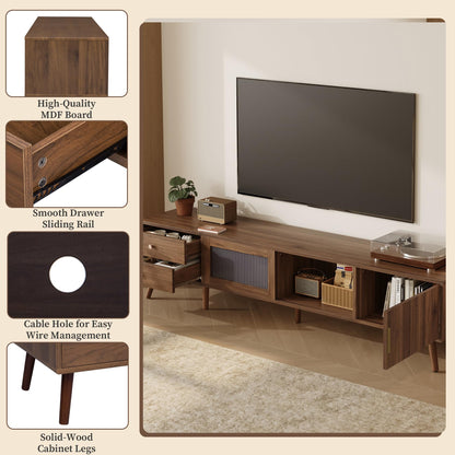 Merax Modern 76 Inch TV Stand for 85 Inch TV, Wood Grain Media Console with Glass Doors, Storage Cabinets & Drawers, Entertainment Center for Living Room Bedroom