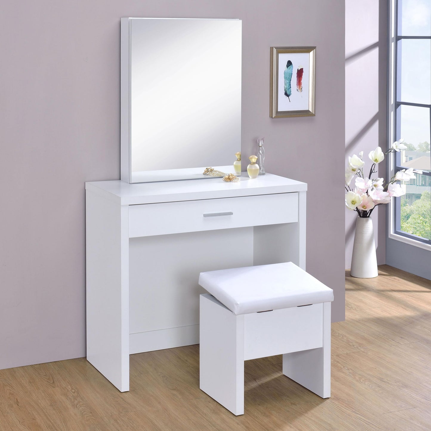 Coaster Home Furnishings Harvey Contemporary 3-Piece 1-Drawer Makeup Vanity Desk with Jewelry Storage Vanity Mirror and White Faux Leather Upholstered Storage Vanity Stool White 300290