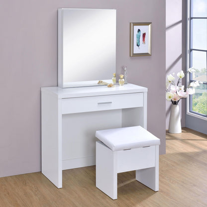 Coaster Home Furnishings Harvey Contemporary 3-Piece 1-Drawer Makeup Vanity Desk with Jewelry Storage Vanity Mirror and White Faux Leather Upholstered Storage Vanity Stool White 300290