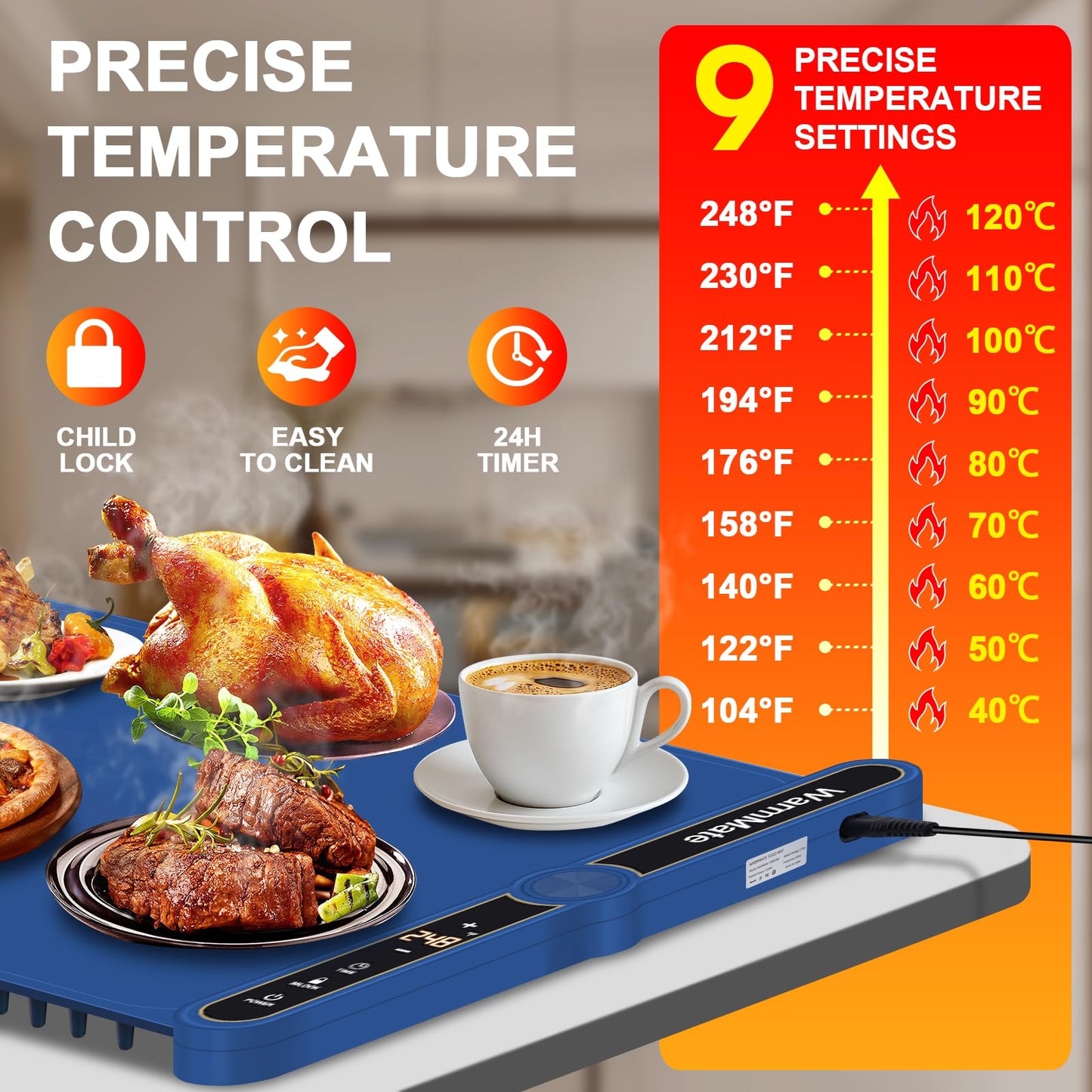 WarmMate Food Warming Mat，Electric Warming Tray with 9-Level Temperature Precision Control, 6H Timer,8s Full Surface Rapid Heating, Ideal for Buffets, Parties & Gatherings (Roll-Up Design，Dark Blue)