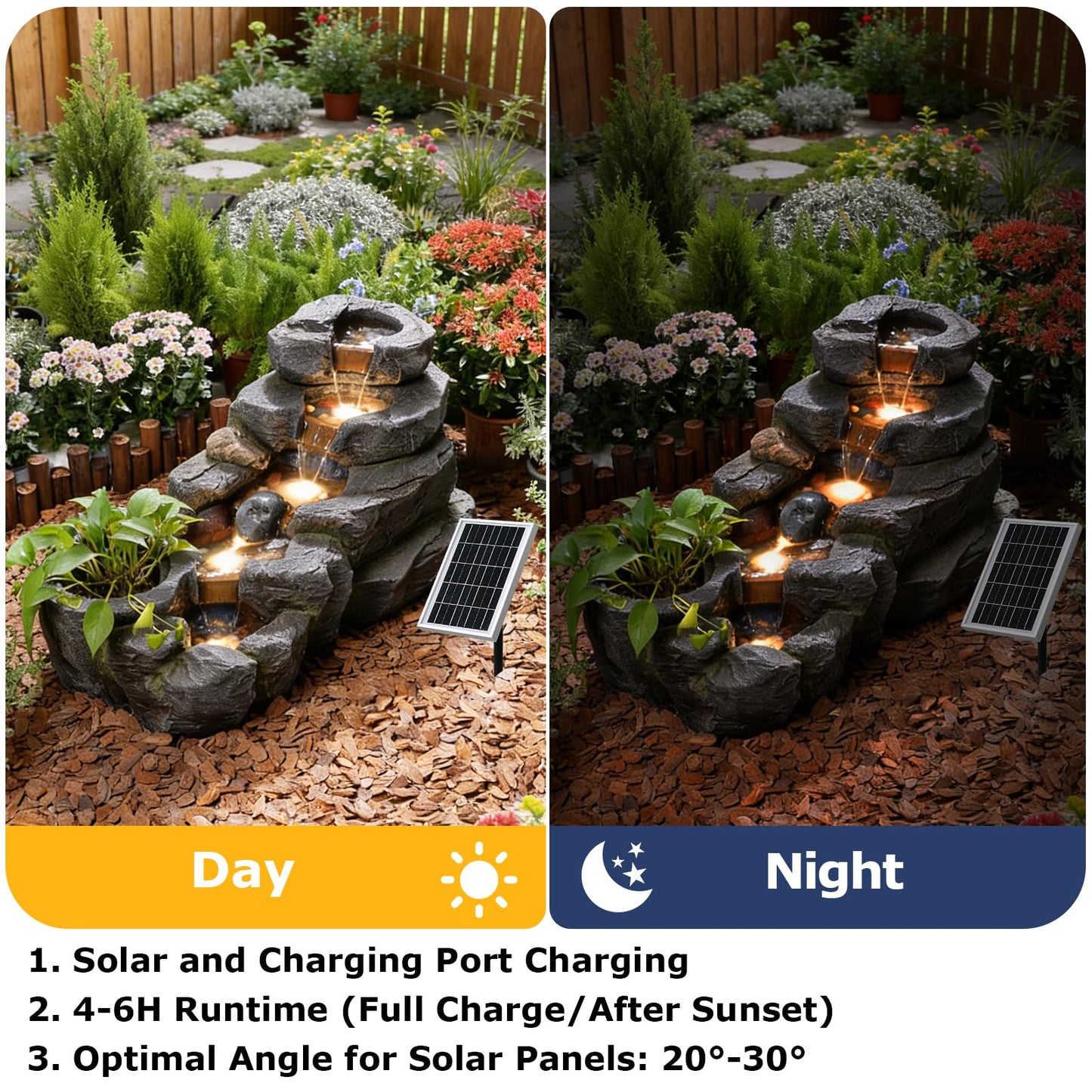 Pivotify 5-Tier Solar Water Fountain Outdoor, 38.2" L Rock Waterfall Fountains Solar Powered Floor Standing Outdoor Water Feature with LED Lights for Patio, Garden,Porch, Yard, Home Art Decor（Grey）