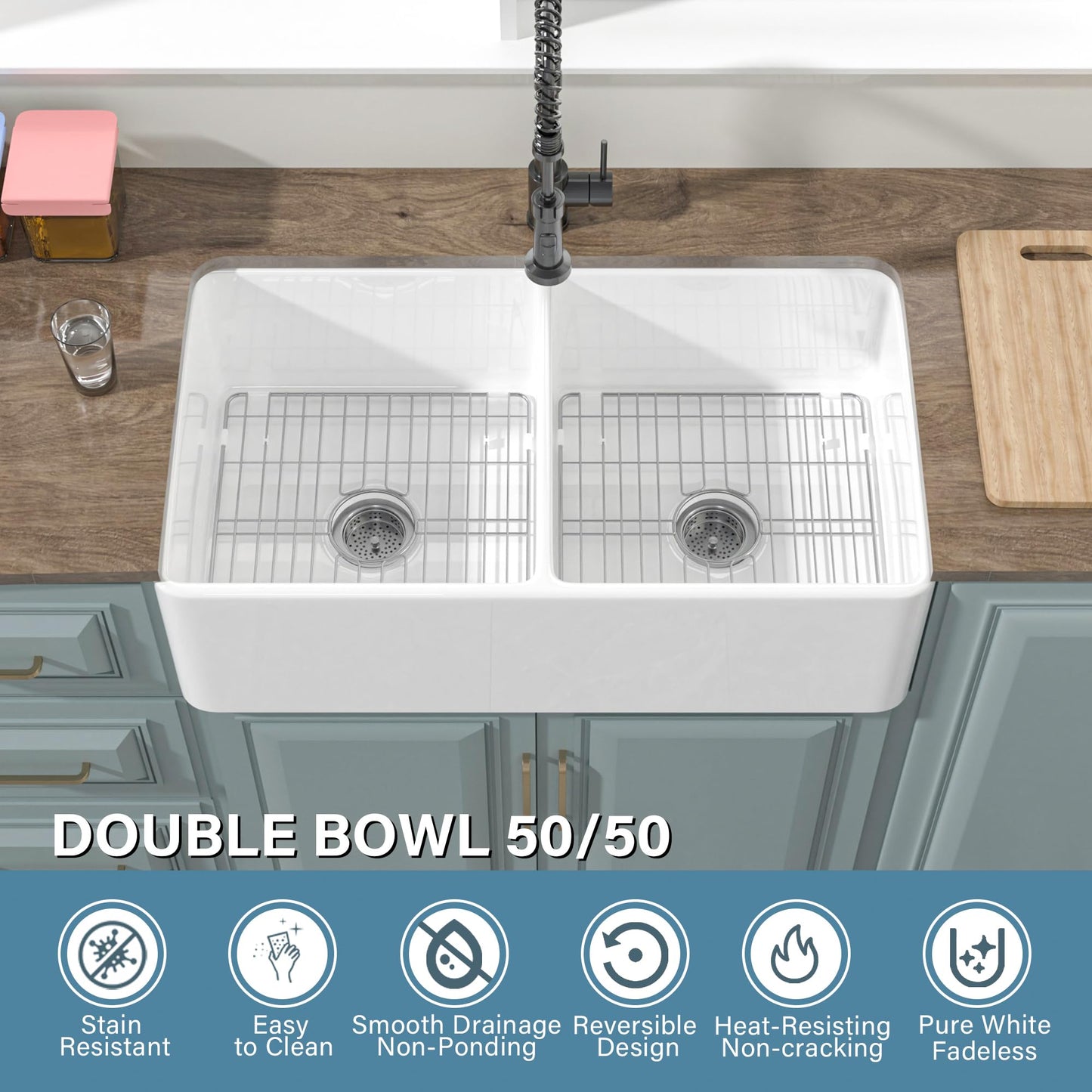 HOMLYLINK Double Bowl Farmhouse Sink White 33 x 18 Inch, Firecaly Apron Front Undermount Farm Sink Reversible(Sleek & Fluted Optional), Heavy-duty Dual Basin 50/50, for Kitchen
