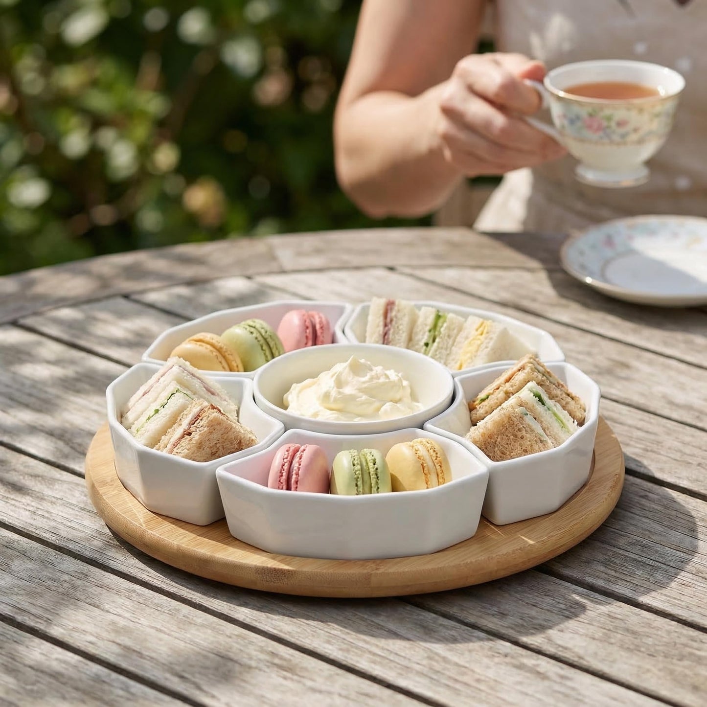 SOUJOY 11'' Lazy Susan Serving Tray, Porcelain 360° Rotatable Serving Tray and Platters, Removable Divided Serving Dishes, Party Relish Bowl for Chip, Dip, Veggies, Candy and Snack, Cheese, 7 Pieces