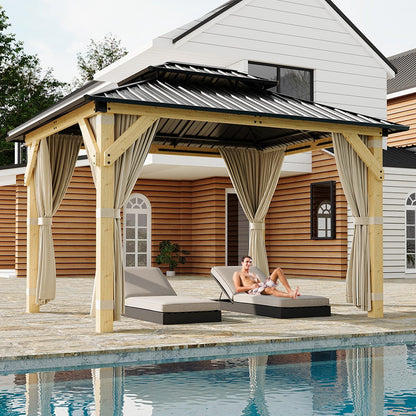 IDEALHOUSE 10x12 FT Outdoor Hardtop Wood Gazebo with Cedar Frame, Double Galvanized Steel Roof, Patio Pavilion with Curtains, Mesh Netting & Ceiling Hook for Backyard, Deck, Lawn, Garden