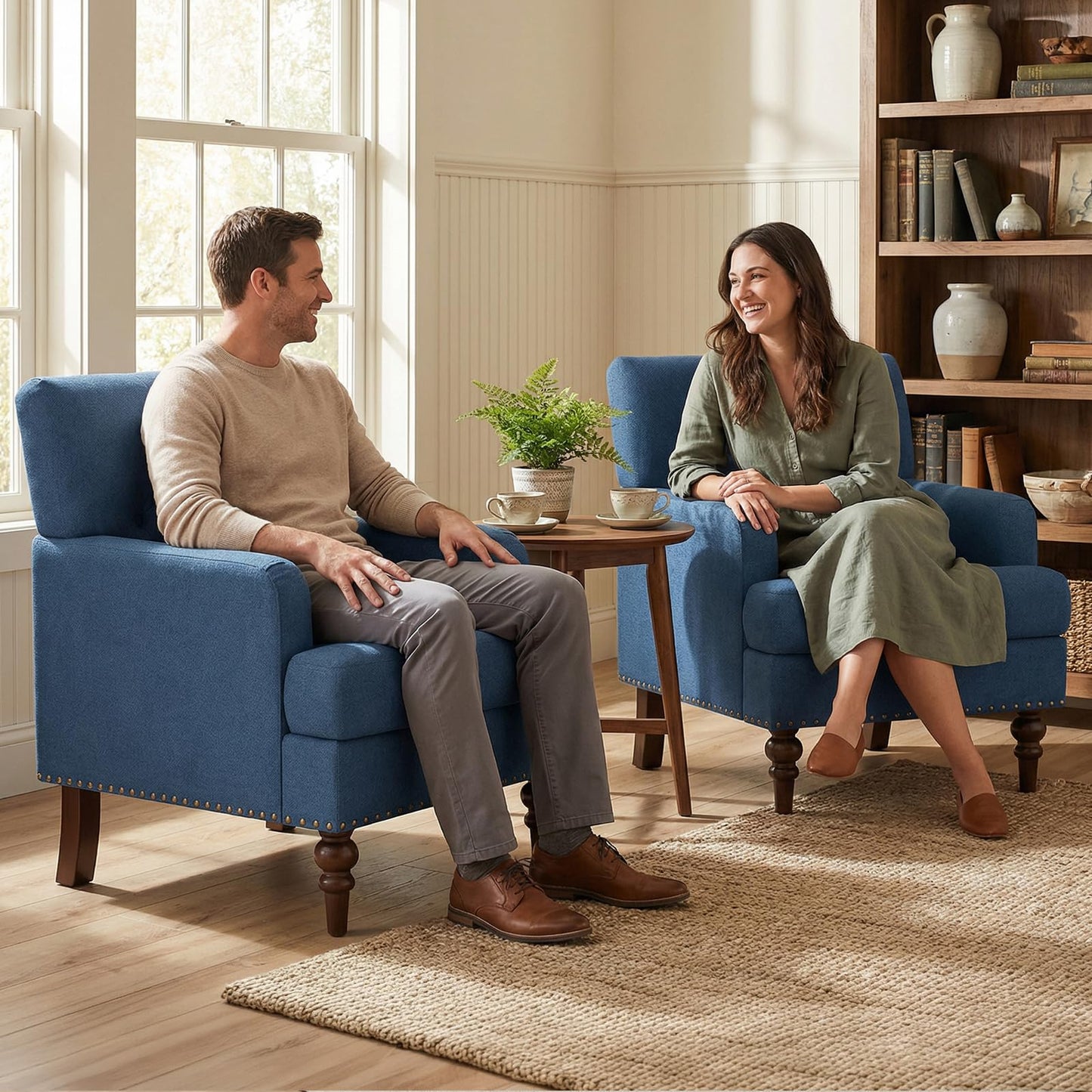 MALOL Upholstered Accent Chair Set of 2, Comfy Reading Chair for Living Room, Mid Century Modern Armchair with Thick Cushion & Solid Rubberwood Legs, for Bedroom/Small Spaces, Blue