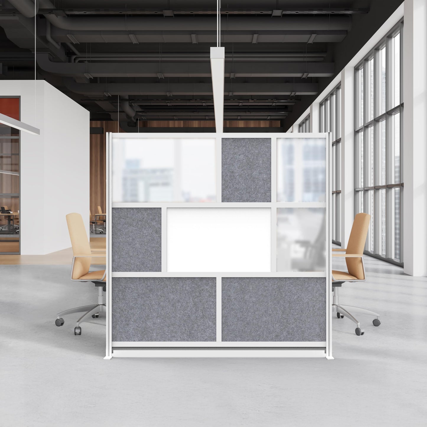 Room Divider for Office Privacy – Modular Freestanding Partition with Whiteboard, PET Acoustic Panel, and Frosted Acrylic, Workflow Multi-Functional Wall, Gray Frame, Easy Assembly (70” x 70”)
