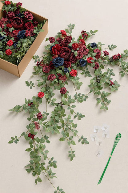 ELUKHT Wedding Arch Flowers Kit, Set of 2, 2Pcs Artificial Arch Floral Arrangement Swags, Wedding Garland Arbor Flowers for French Wedding Ceremony Backdrop Decor (Red)