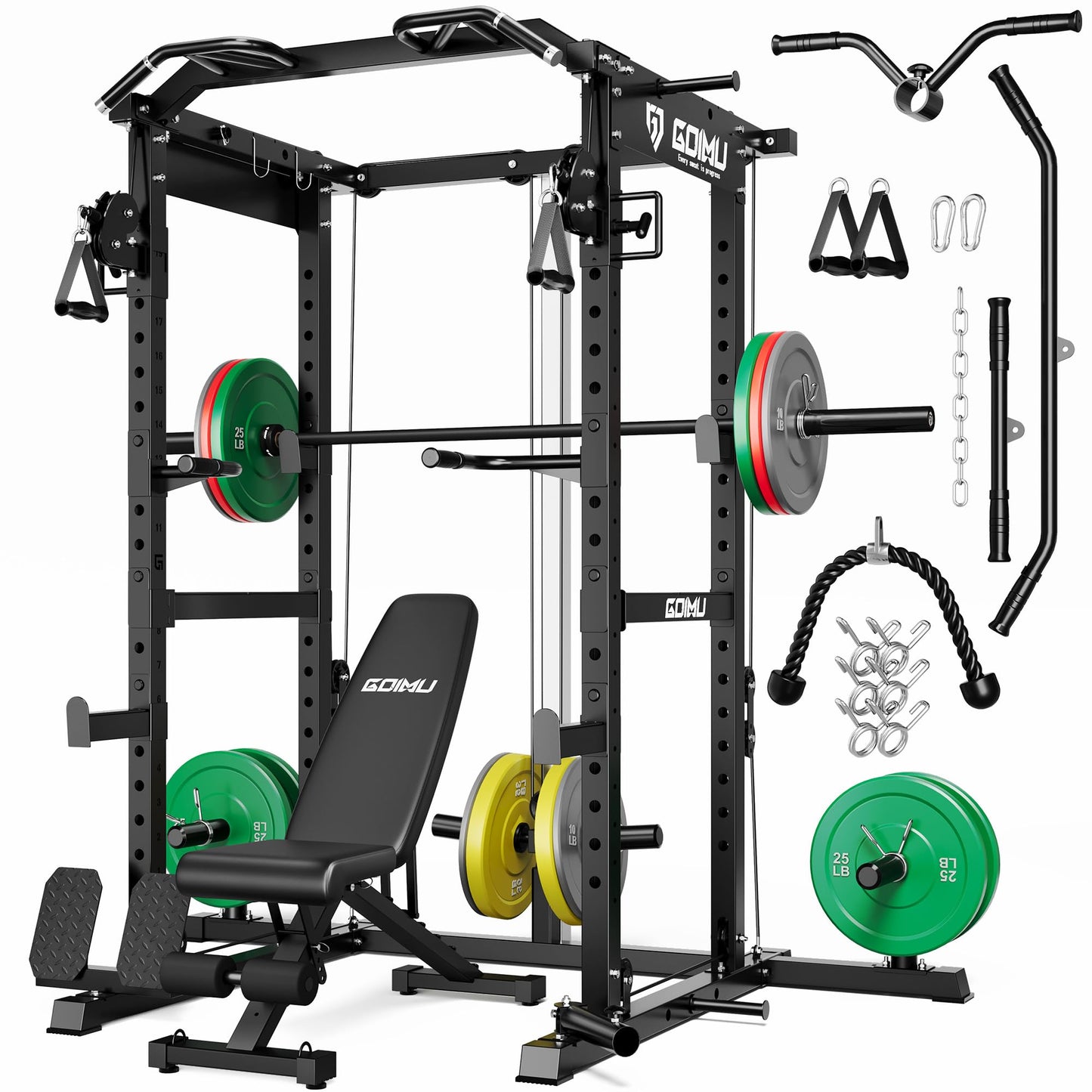GOIMU RH01 Power Cage Rack, 2000LBS Squat Rack with with Cable Crossover System&LAT Pull Down System, Multi-Function Workout Cage for Home&Garage Gym (Black, RH01 Power Cage with 290LB C Weights)