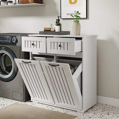 Laundry Cabinet with 2 Removable Laundry Basket 2 Drawers Durable and Easy to Clean Tilt Out Hamper Organization Storage Sorters for Bathroom Living Room Entryway Particle Board White