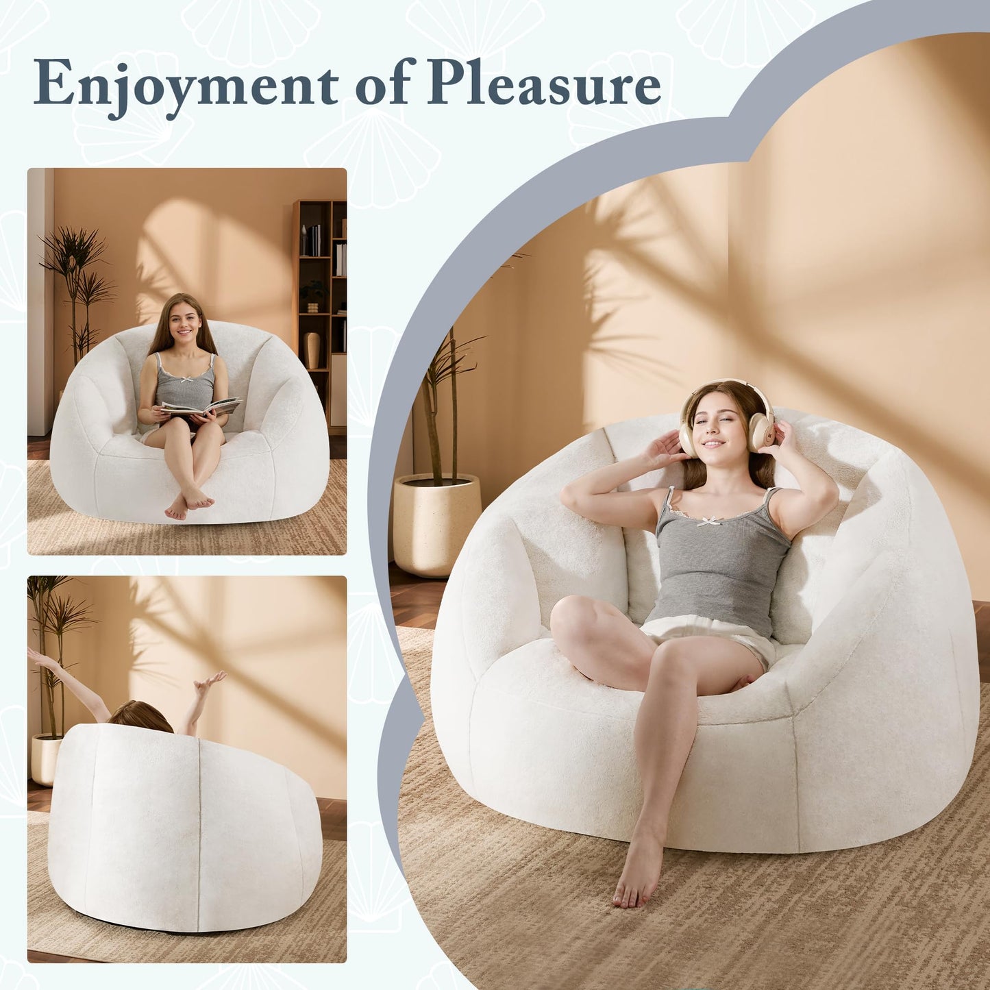 GRANDJOY Oversized Bean Bag Chair with Premium Foam Filling, Comfy Lounger for Adults & Kids, Beige