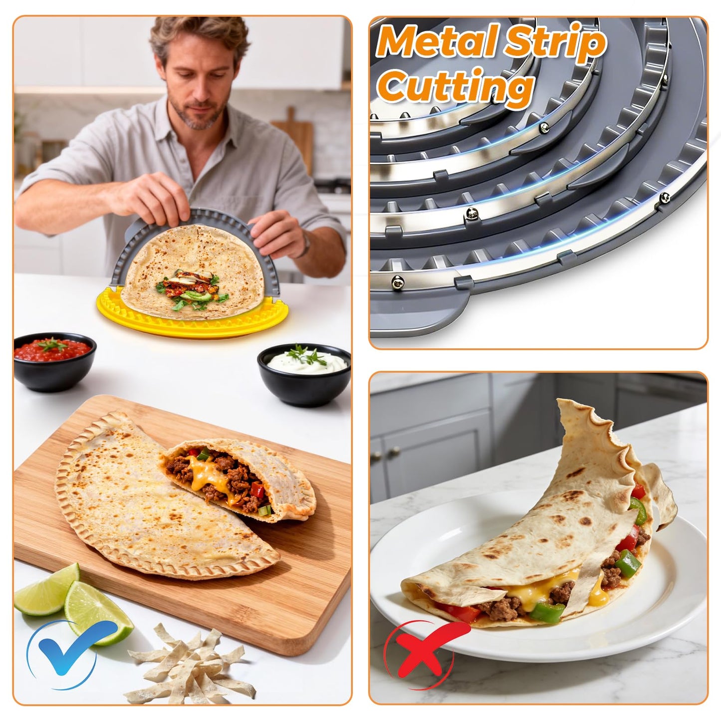 Adjustable 4 In 1 Empanada Maker Press - 4/6/8/10 Inch Large Tortilla Sealer with Steel Cutting Blade,Leak Proof Wave Tooth Design for Wraps,Burritos,Tortilla,Pasties,Pierogi,Pastelitos,Dumplings