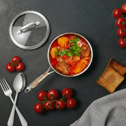 SANFELA 1.3 Quart Stainless Steel Saucepan with Glass Lid, 5 Ply Stainless Clad Construction, Suitable for All Cooktops, PTFE, PFAS and PFOA Free