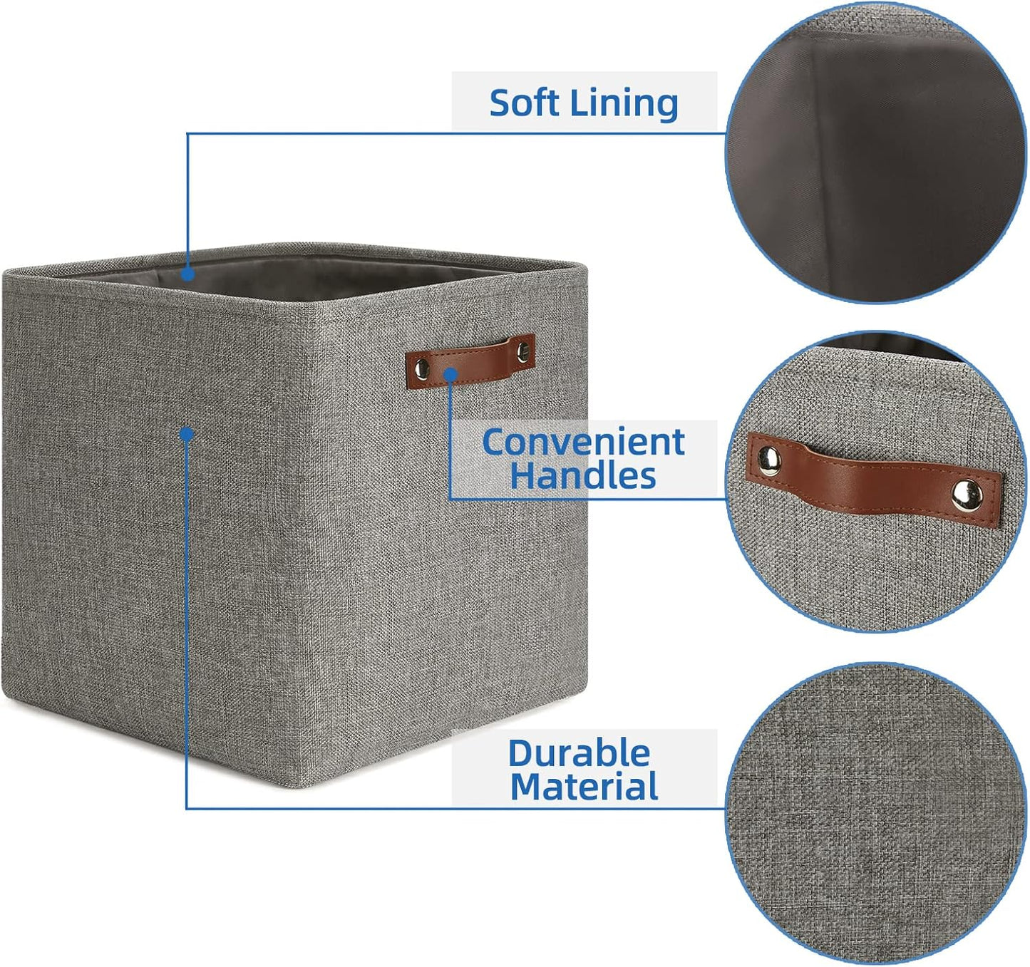 Temary 13 Inch Fabric Storage Baskets, Set of 4 Cube Bins for Home and Office with Leather Handles in Grey