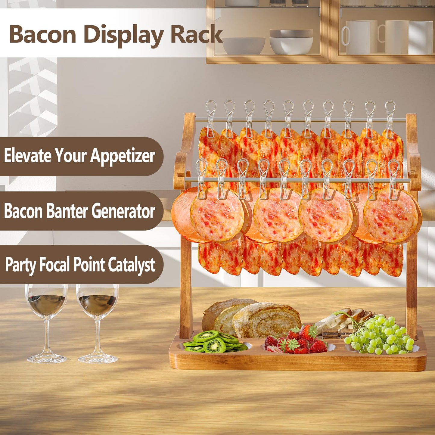Sueuapp Bacon Display Rack,Patented Design Acacia Bacon Clothesline Serving Tray,Charcuterie Boards with Double Hangers,Exquisite Bacon Tray Holder for Parties,Weddings,Housewarming Gifts