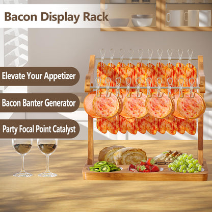 Sueuapp Bacon Display Rack,Patented Design Acacia Bacon Clothesline Serving Tray,Charcuterie Boards with Double Hangers,Exquisite Bacon Tray Holder for Parties,Weddings,Housewarming Gifts