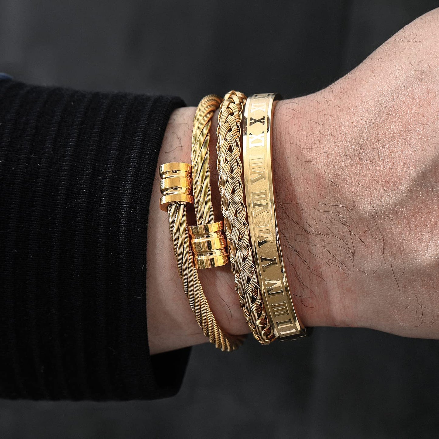 WFYOU 3PCS Stainless Steel Bracelets for Men Gold Roman Numeral Bangle Twisted Cable Adjustable Cuff Bracelet Mens Luxury Jewelry Gifts