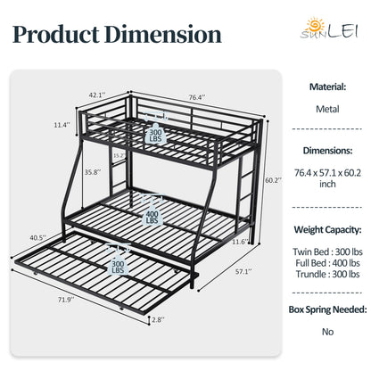 SUNLEI Metal Bunk Beds with Double Secured Ladders, Twin Over Full Bunk Bed with Surrounded Safety Guardrails, Space Saver Twin Beds, Noise Free for Small Bedroom, with Trundle, Black