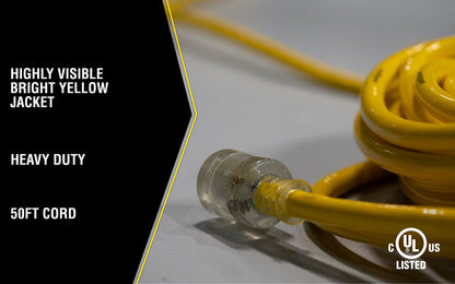 Southwire Heavy Duty Extension Cord - Outdoor Power Cable with Lighted End for Safety - Waterproof - High Visibility Yellow Jacket - 10/3 SJTW Extension - 50-Foot