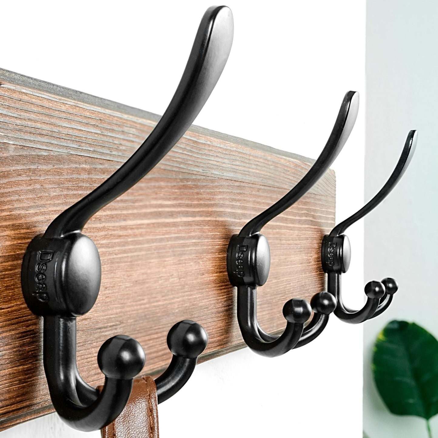 Dseap Coat Rack Wall Mounted - 5 Tri Hooks, Heavy Duty, Wooden Wall Coat Hanger Coat Hook for Clothes Hat Jacket Clothing, Natural & Black