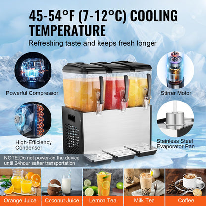 VEVOR Commercial Beverage Dispenser, 3 Tanks 12 L / 12.7 QT Per Tank Juice Dispenser, 370W Stainless Steel Ice Tea Drink Machine with 45°F-54°F Cooling Temperature, for Cold Drink Restaurant Bar Party