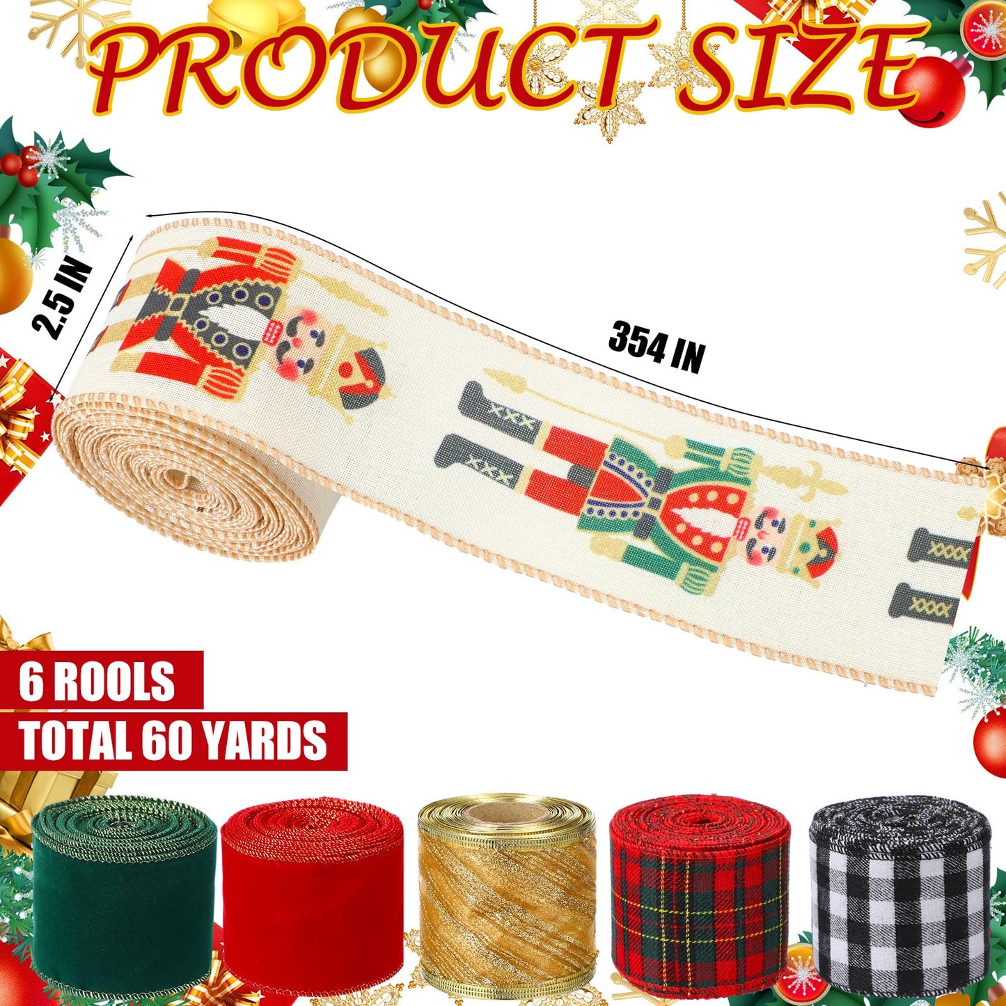 Suncalla 6 Rolls Nutcracker Christmas Ribbon Set 2.5 Inch x 10 Yards Wired Holiday Ribbons for Nutcracker Bows Wreaths Tree Decorations and Gift Wrapping Wide Red Green Gold Plaid Soldier Designs