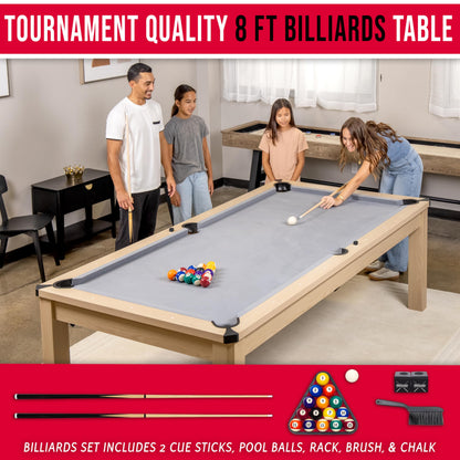 GoSports 8 ft 3 in 1 Pool, Dining, & Table Tennis Combo Table and Storage Benches - Convertible Billiards with Game Accessories - Light Birch