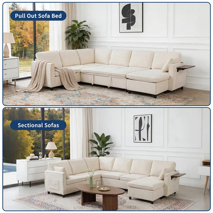Modular Sectional Sleeper Sofa with Pull Out Bed, 116" Large U Shaped 7 Seater Sectional Couches with Ottoman, Charging Port & Foldable Side Table, Comfy Chenille Cloud Sofas for Living Room, Beige