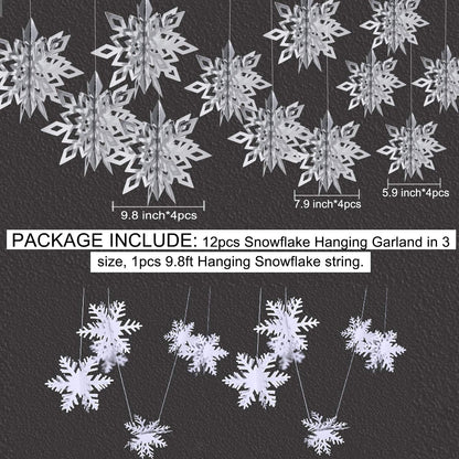 OuMuaMua Winter Christmas Hanging Decorations - 12PCS 3D Large Silver Snowflakes & 12PCS White Paper Snowflakes Garland