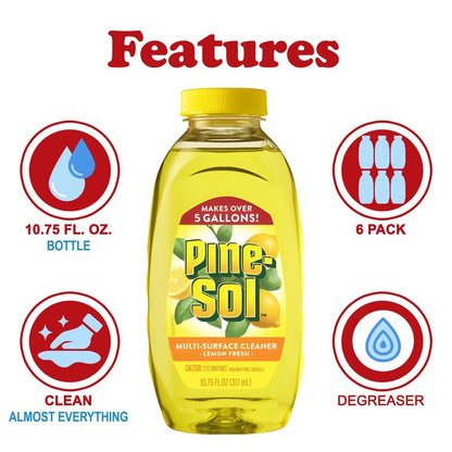 Pine-Sol Multi Surface Cleaner, 6 Pack, Concentrated Multi Purpose Cleaner and Degreaser for Kitchen and Bathroom, Makes 5 Gallons, Lemon Fresh Scent, 10.75 oz. Each