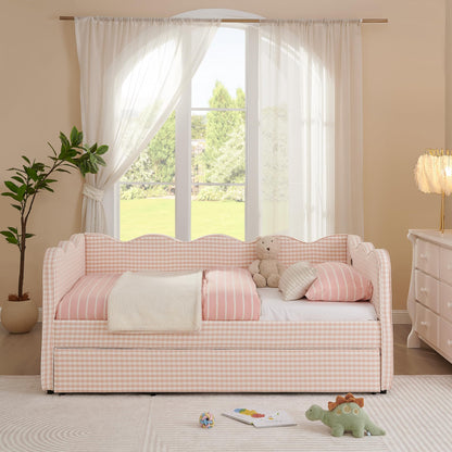 KEIKI Twin Size Upholstery Daybed with Trundle and USB, Twin to King Design Adorable Wave Shaped Extendable Linen Sofa Bed, Easy Assembly, No Box Spring Required, for Living Room and Bedroom, Pink