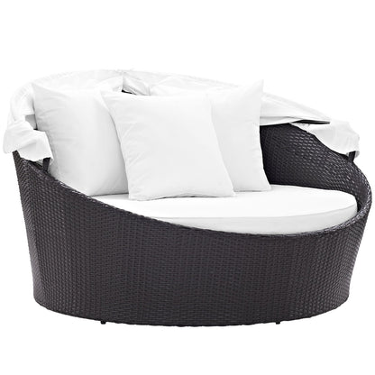 Modway Convene Wicker Rattan Outdoor Patio Retractable Canopy Round Poolside Sofa Daybed in Espresso White