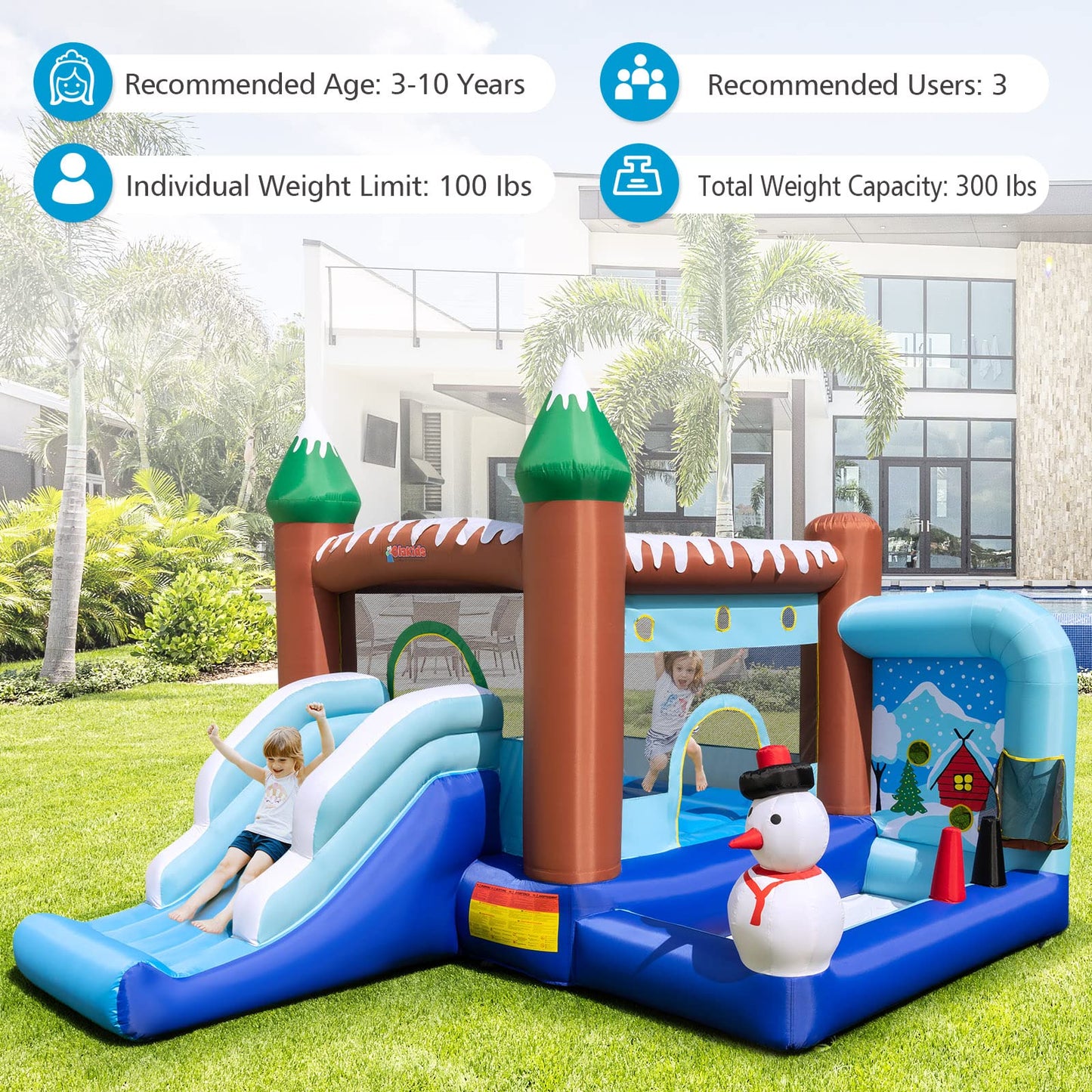 OLAKIDS Inflatable Bounce House, Christmas Snowman Theme Kids Jumping Castle with Slide Ball Pit Basketball Rim, Indoor Outdoor Inflatable Obstacle Course with 680W Blower Carry Bag