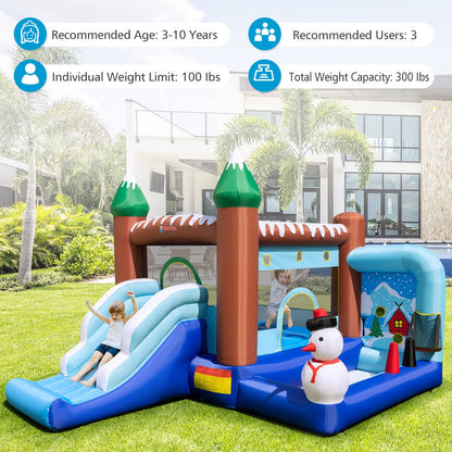 OLAKIDS Inflatable Bounce House, Christmas Snowman Theme Kids Jumping Castle with Slide Ball Pit Basketball Rim, Indoor Outdoor Inflatable Obstacle Course with 680W Blower Carry Bag