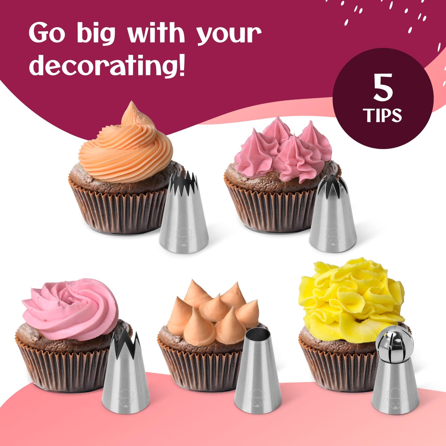 Large Piping Bags and Tips Set - XL Icing Tips - Large Piping Tips Set with Reusable Piping Bag (16 inch) - Decorating Tips for Cupcakes, Cakes, Cookies, Churros, Meringue, etc.